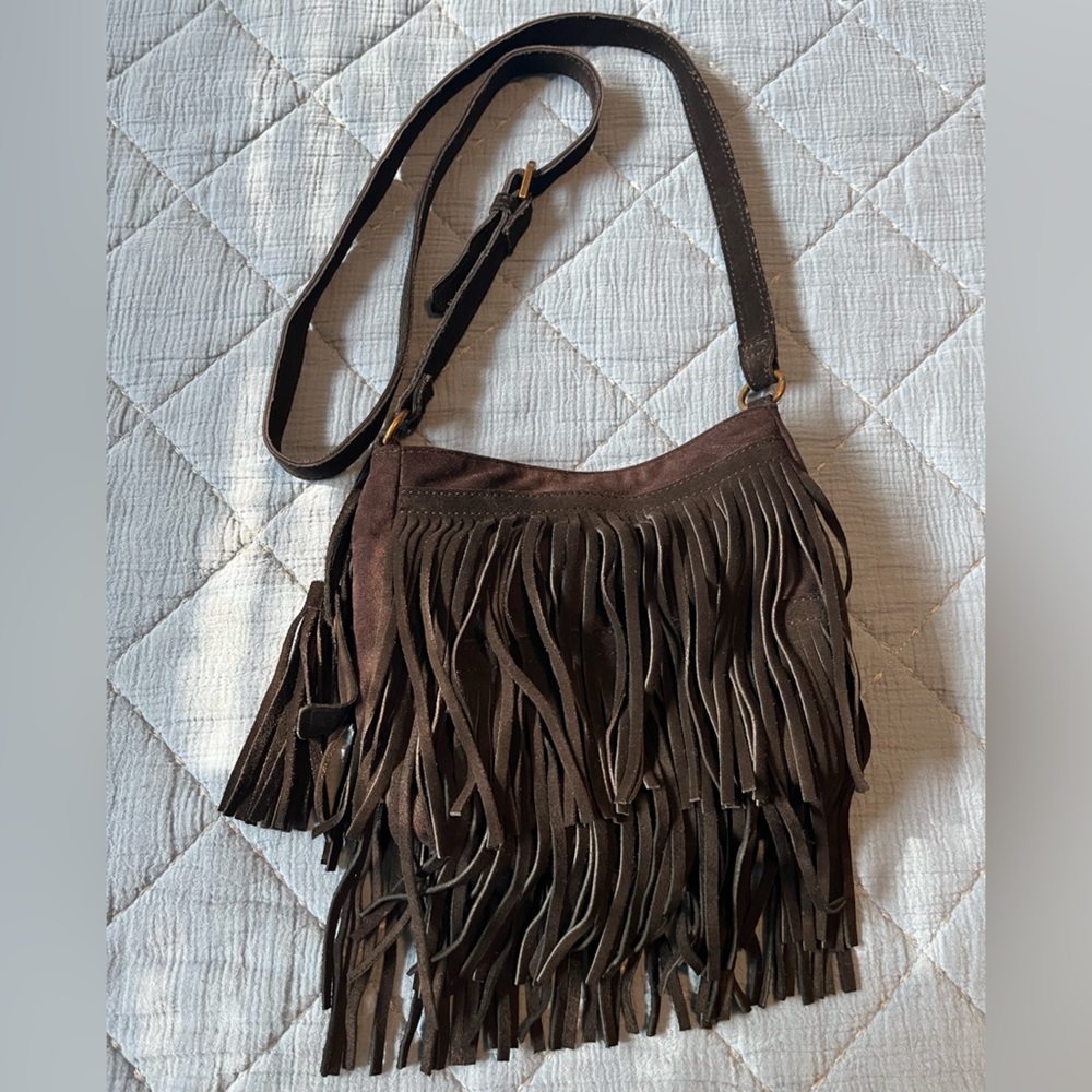 Black suede Fringe Crossbody Bag